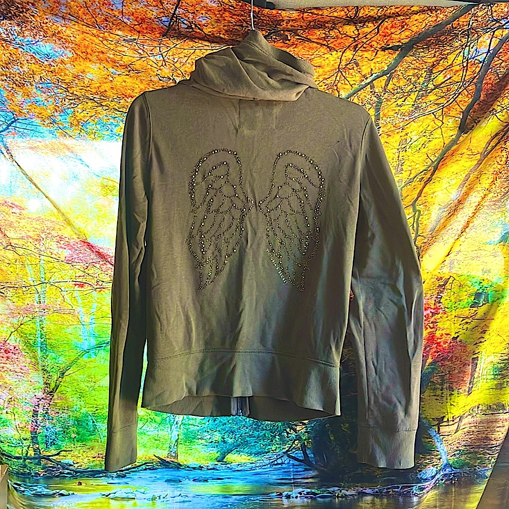 VS Supermodel Essentials Olive GreenXS ZipUp Hoodie Gold Rhinestone Angel Wings